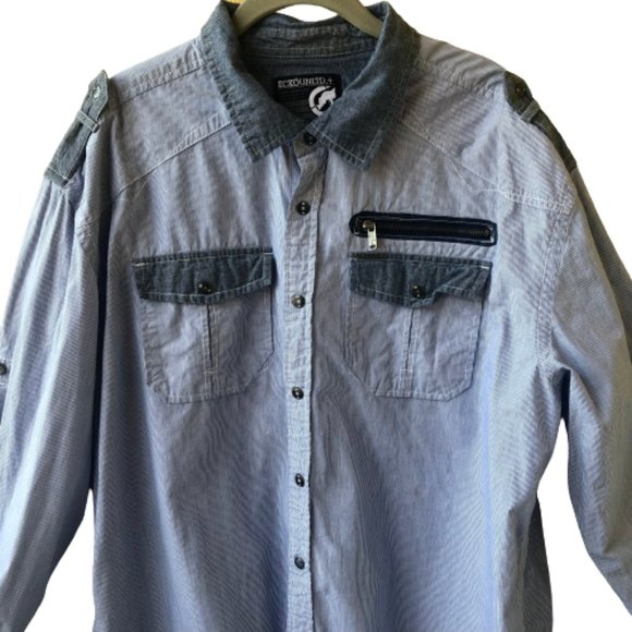 Ecko Unlimited Blue Stripes SNAP Cotton Shirt Long Sleeves Roll up - Picture 5 of 11